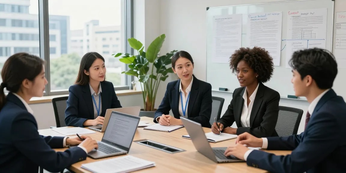 My company, a law firm collaboration scene with lawyers discussing cases and strategies.