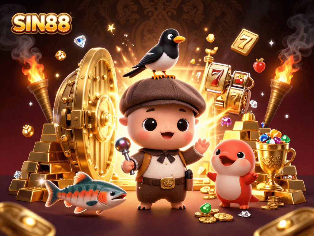 Spin the reels with SIN88 featuring playful Nessie, jewels, and vibrant casino elements.