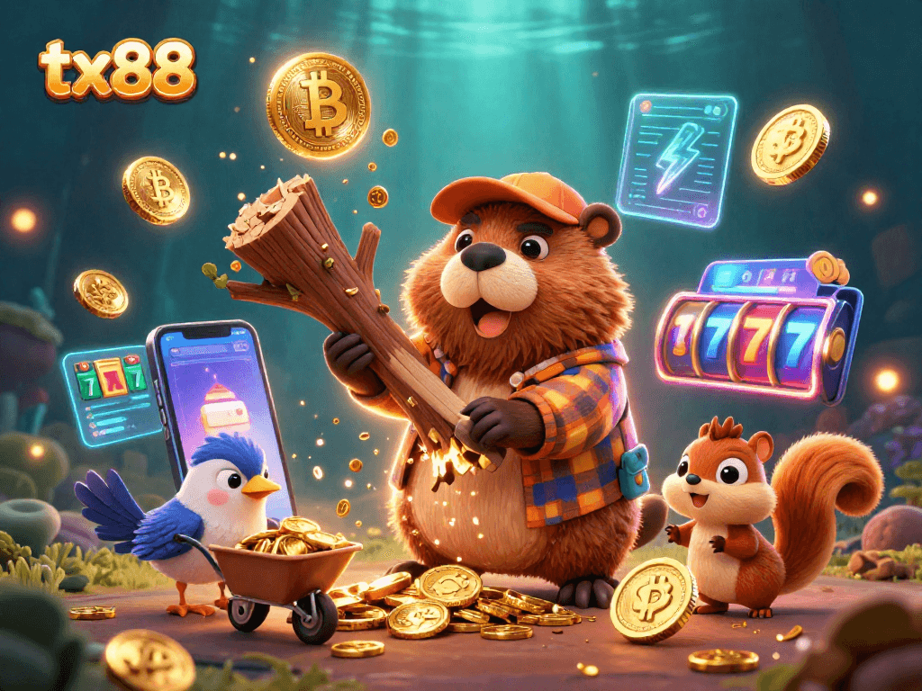 Experience the thrill of tx88 with a vibrant 3D illustration showcasing a lumberjack beaver, coins, and slot reels.