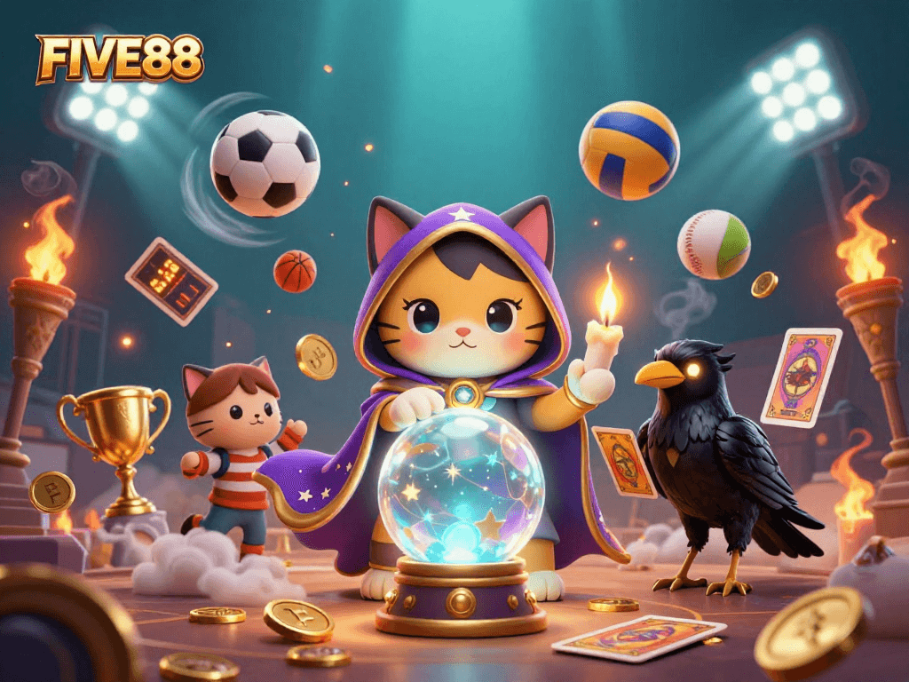 Engage with FIVE88's thrilling gambling world depicted through dynamic sports and mystical characters.