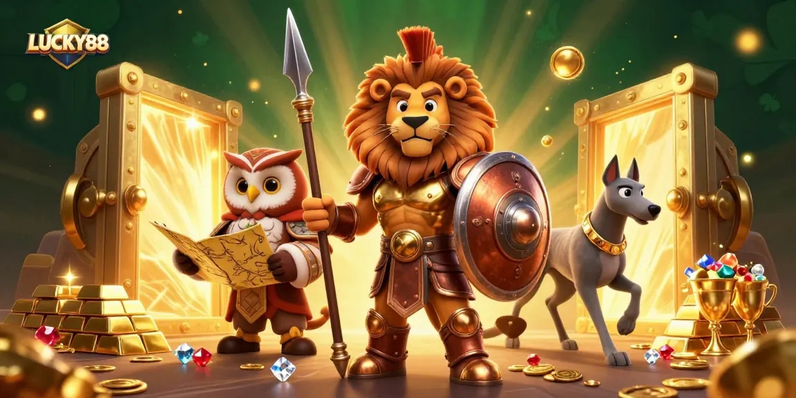 Experience the thrill of LUCKY88 with a dynamic scene depicting a Spartan lion, owl strategist, and greyhound messenger amidst riches.