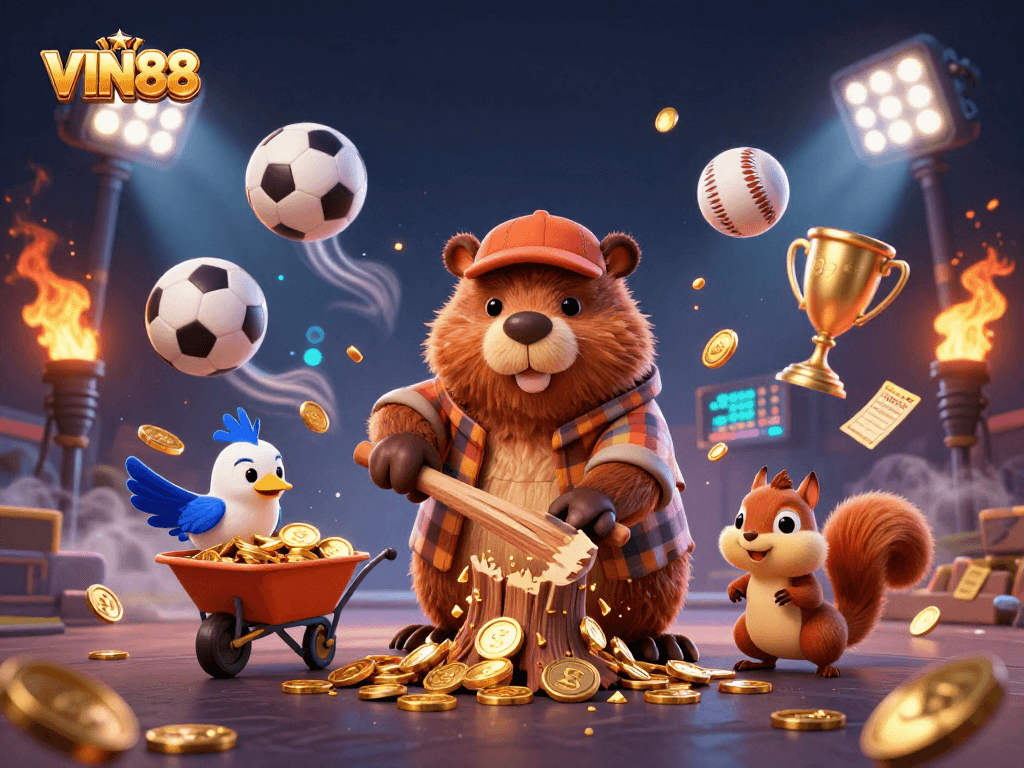 VIN88 offers exciting gaming as a beaver chops a coin-raining tree surrounded by sports elements.