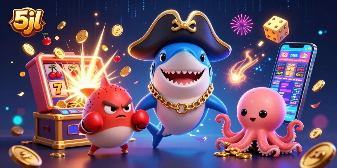5jl casino jackpot scene with cartoon characters and vibrant game elements bursting forth.