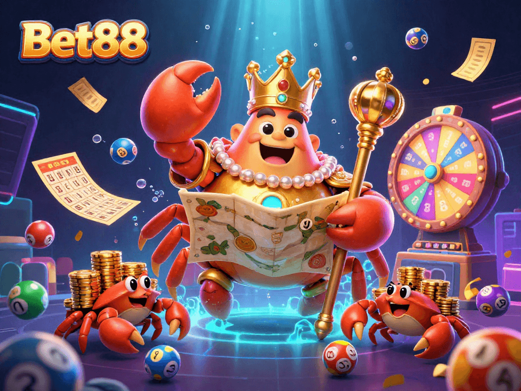 Experience engaging gameplay at Bet88 with a dynamic scene featuring a golden crab emperor and lottery elements.