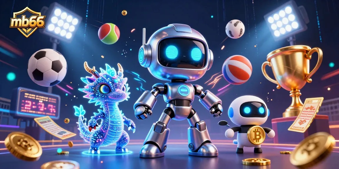 Trải nghiệm cá cược thú vị tại mb66 với robot trò chơi và các biểu tượng thể thao.