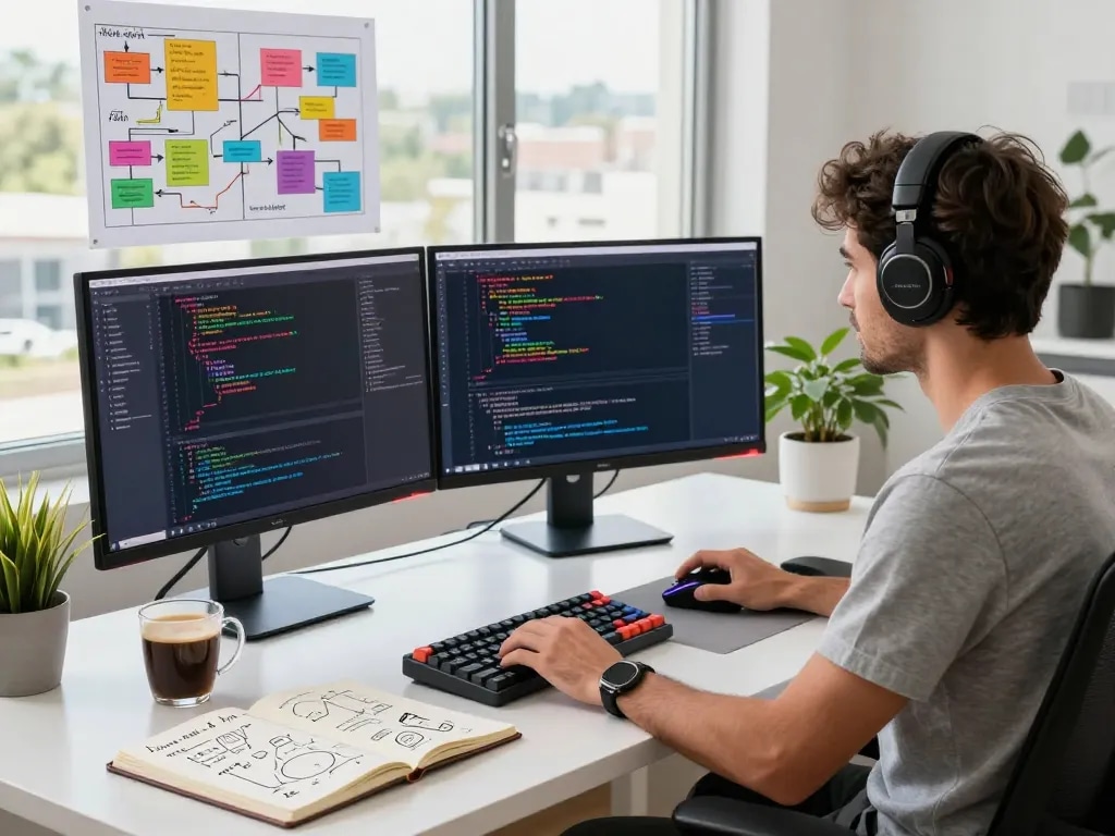 Dynamic workspace highlighting spicy AI development with vibrant coding environment and innovative elements.