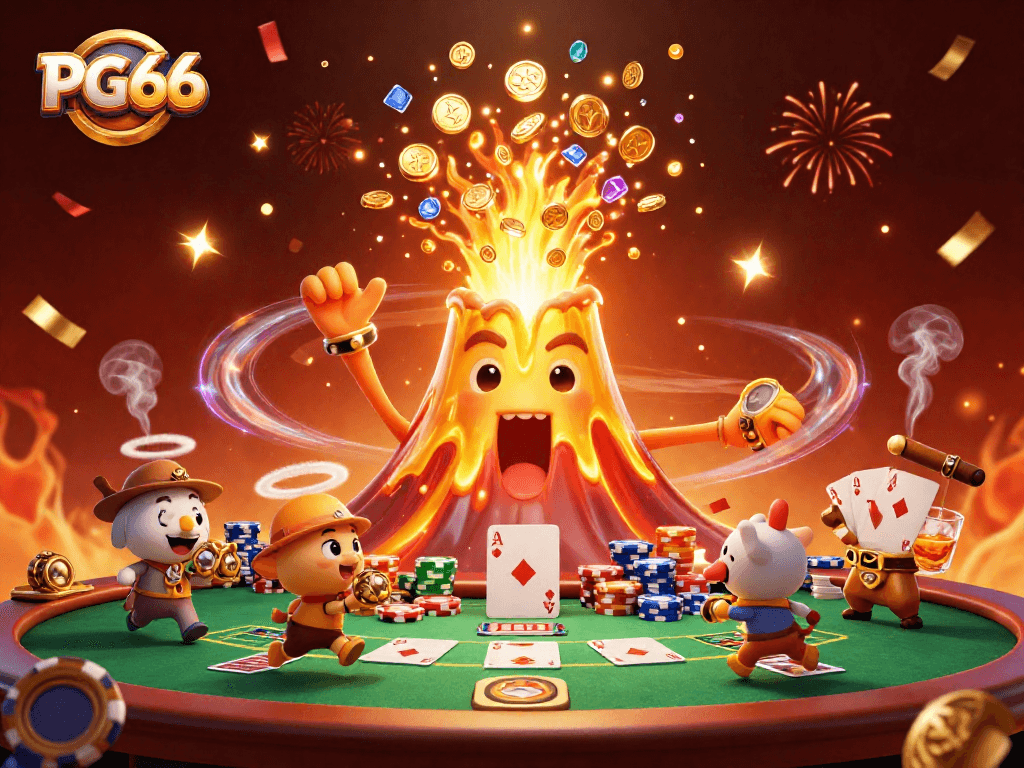 Join the excitement at PG66 as a golden volcano erupts with coins and treasures in a thrilling casino scene.