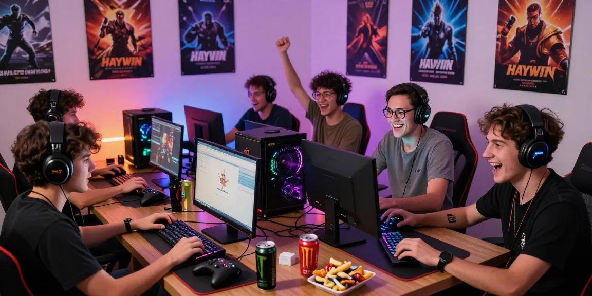 Friends enjoying online gaming at HAYWIN, showcasing excitement and camaraderie, with gaming setups and snacks in a vibrant atmosphere.