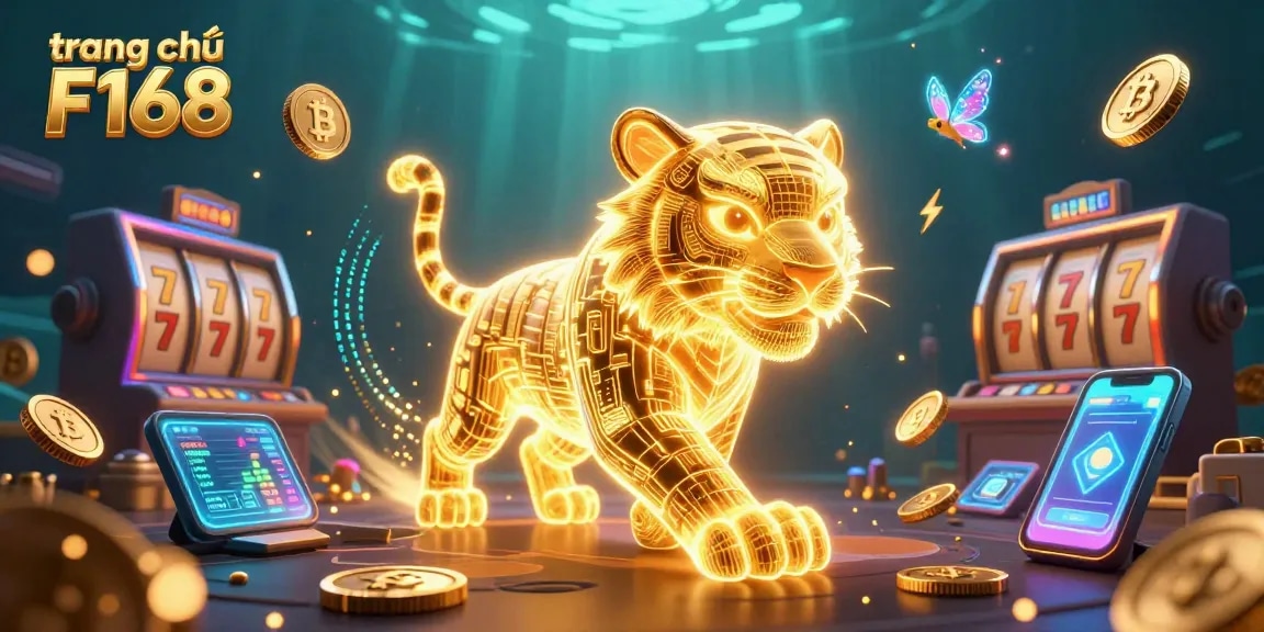 Experience the thrill of gaming at trang chủ F168 with dynamic visuals of a neon tiger and intriguing casino elements.