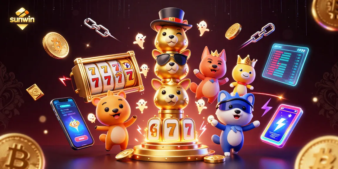 Engage with sunwin and explore the colorful 3D casino illustration featuring a golden totem pole and vibrant slot elements.