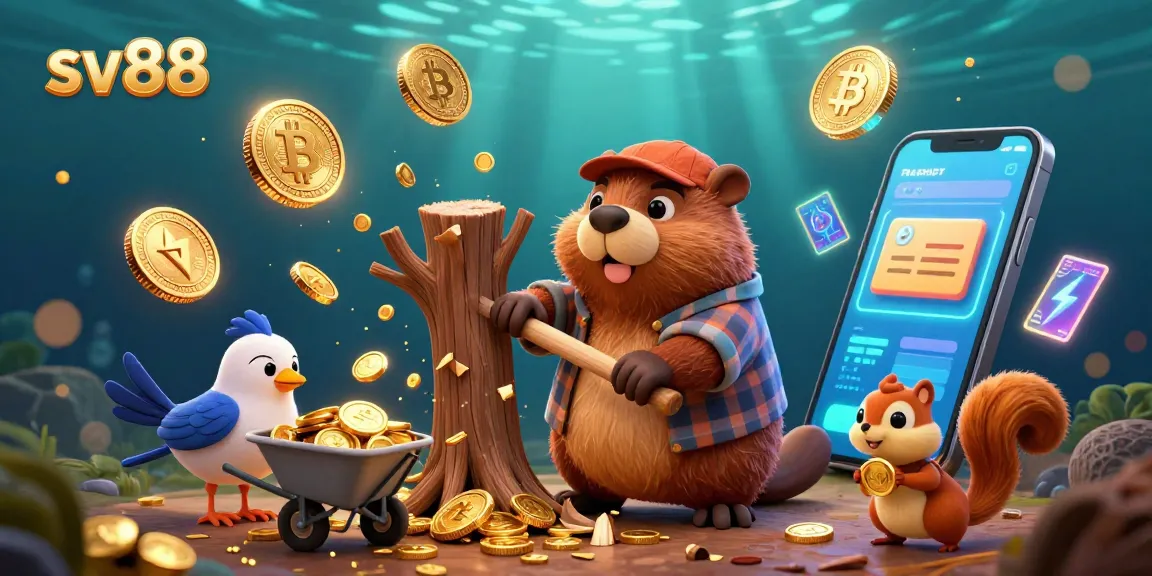 Engage with sv88 as the beaver collects golden coins in a vibrant 3D casino scene.