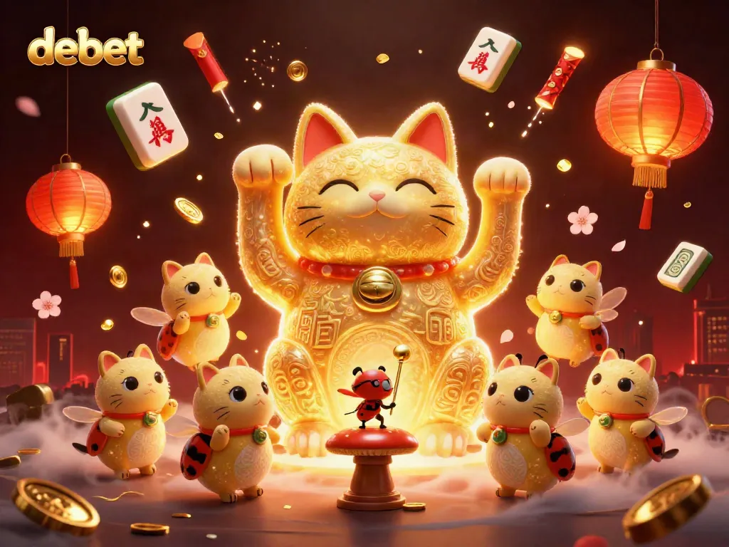 Engage with debet's online gaming world, featuring a whimsical lucky cat and festive casino elements.