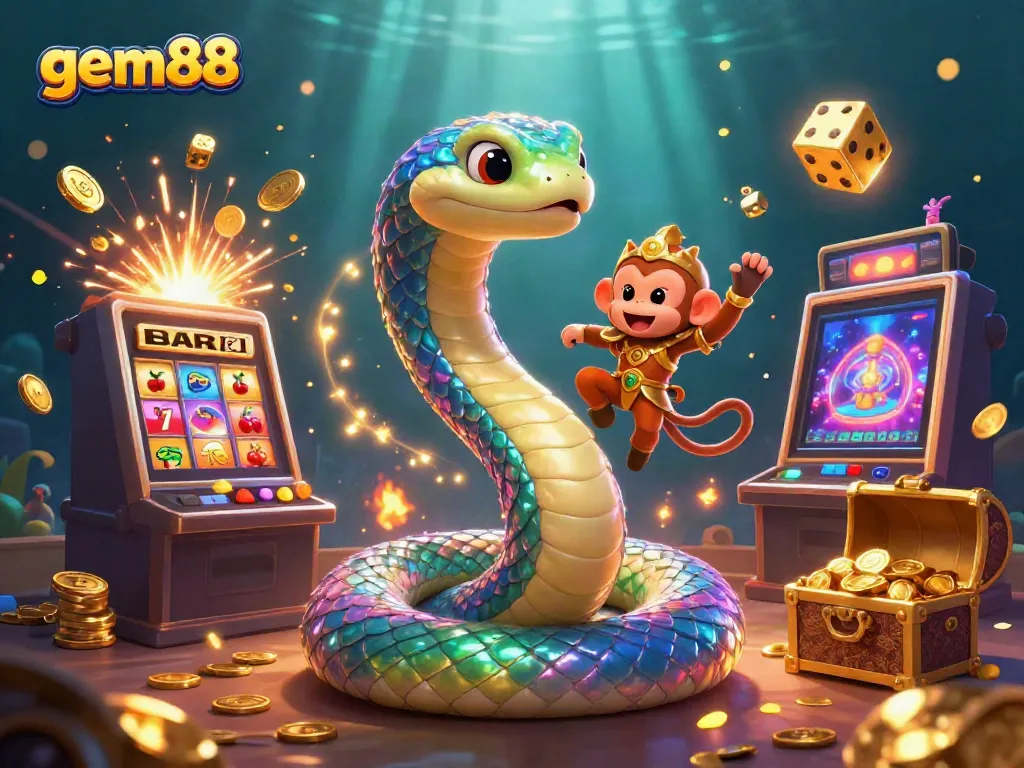 Experience gem88's vibrant gaming world with a rainbow serpent and jackpot thrills.