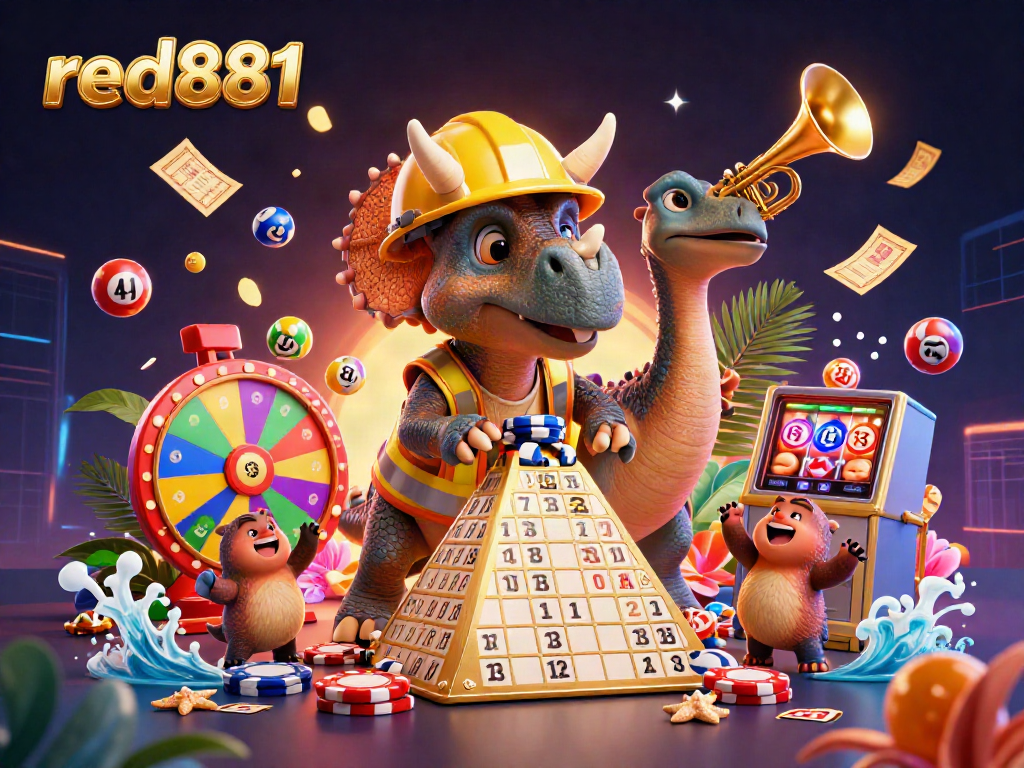 Engage with red881's vibrant gaming scene featuring a celebratory triceratops and lottery elements.