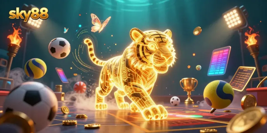 Engage with exciting gameplay at sky88's vibrant digital casino, showcasing thrilling elements like sports betting and 3D characters.