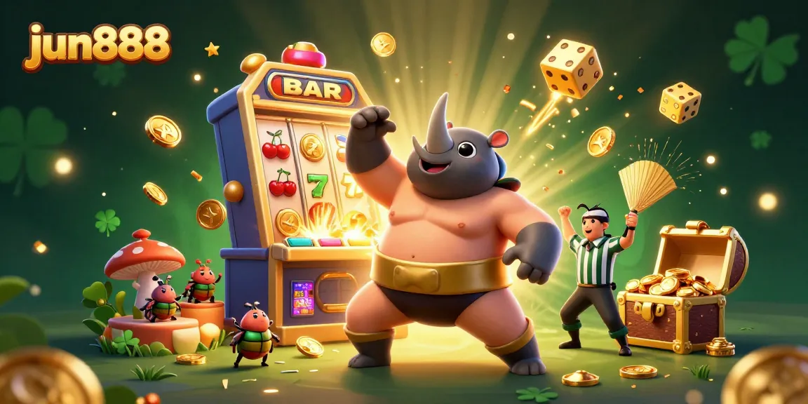 Experience the excitement at jun888 with a vibrant casino scene featuring a beetle sumo champion.