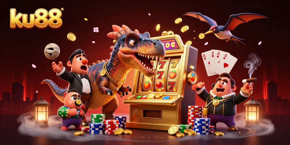 ku88 casino scene with dinosaurs celebrating slot machine wins and gold coins flying