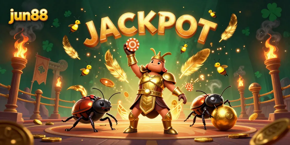 Experience the thrilling jun88 action as a gladiator beetle triumphantly lifts a poker chip amidst a vibrant casino scene.