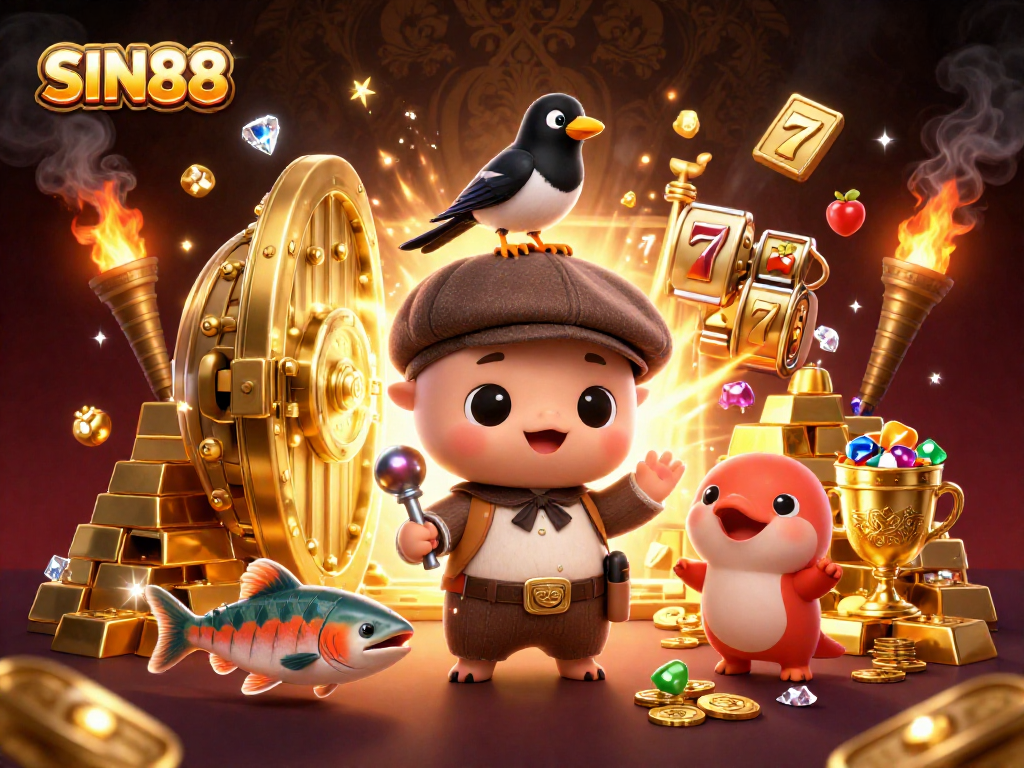 Spin the reels with SIN88 featuring playful Nessie, jewels, and vibrant casino elements.