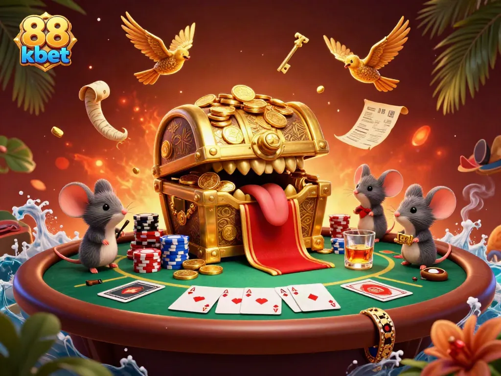 Engage with the exciting world of 88 kbet, featuring a golden treasure chest and dynamic poker elements.