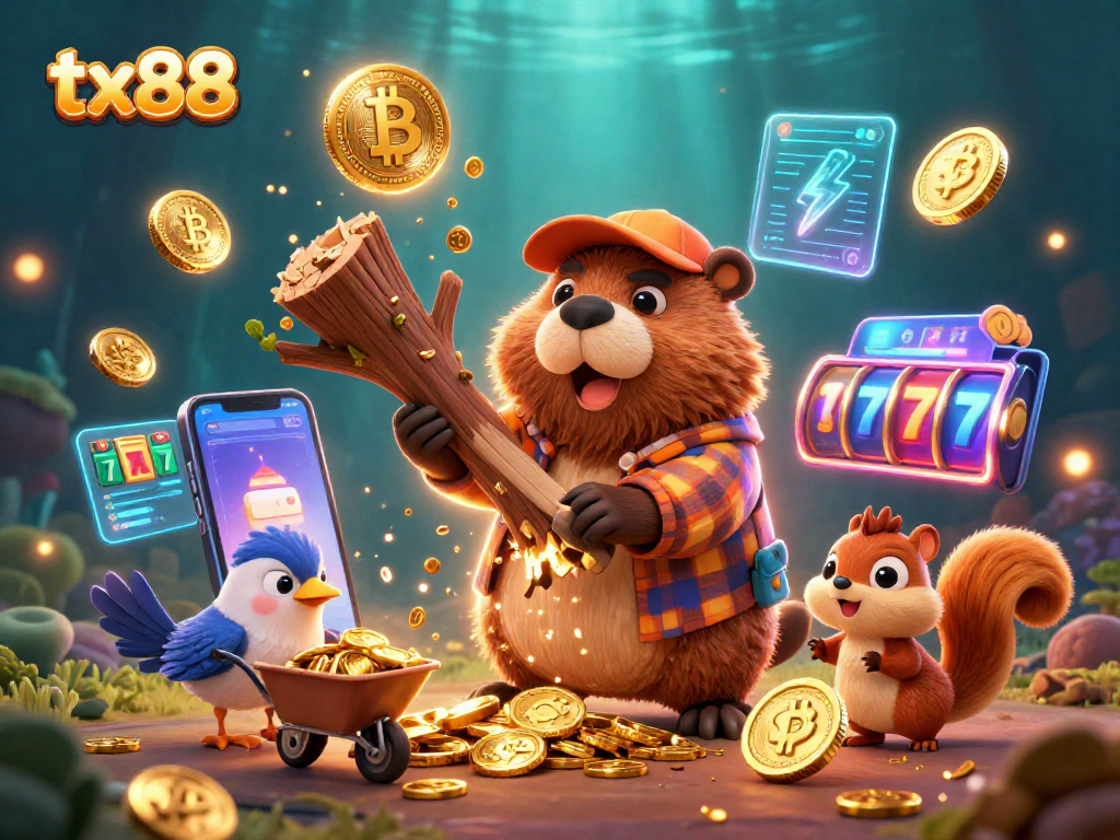 Experience the thrill of tx88 with a vibrant 3D illustration showcasing a lumberjack beaver, coins, and slot reels.