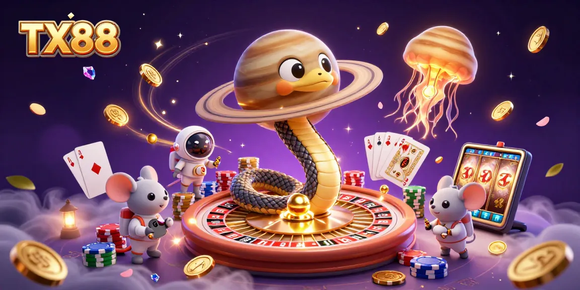 Engage with TX88 at the planetary roulette wheel as astronaut mice place bets in this vibrant casino-themed illustration.