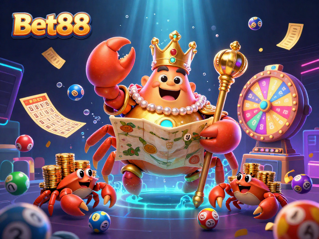 Experience engaging gameplay at Bet88 with a dynamic scene featuring a golden crab emperor and lottery elements.