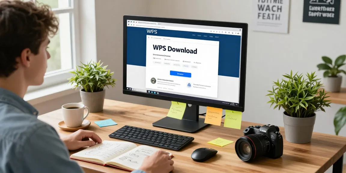 WPS Download page displayed on a large monitor, highlighting software installation in a modern home office.