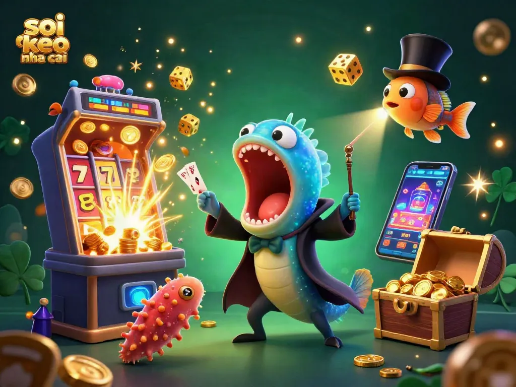 Soi keo nha cai showcased in an exciting scene with a bioluminescent eel magician and gambling elements