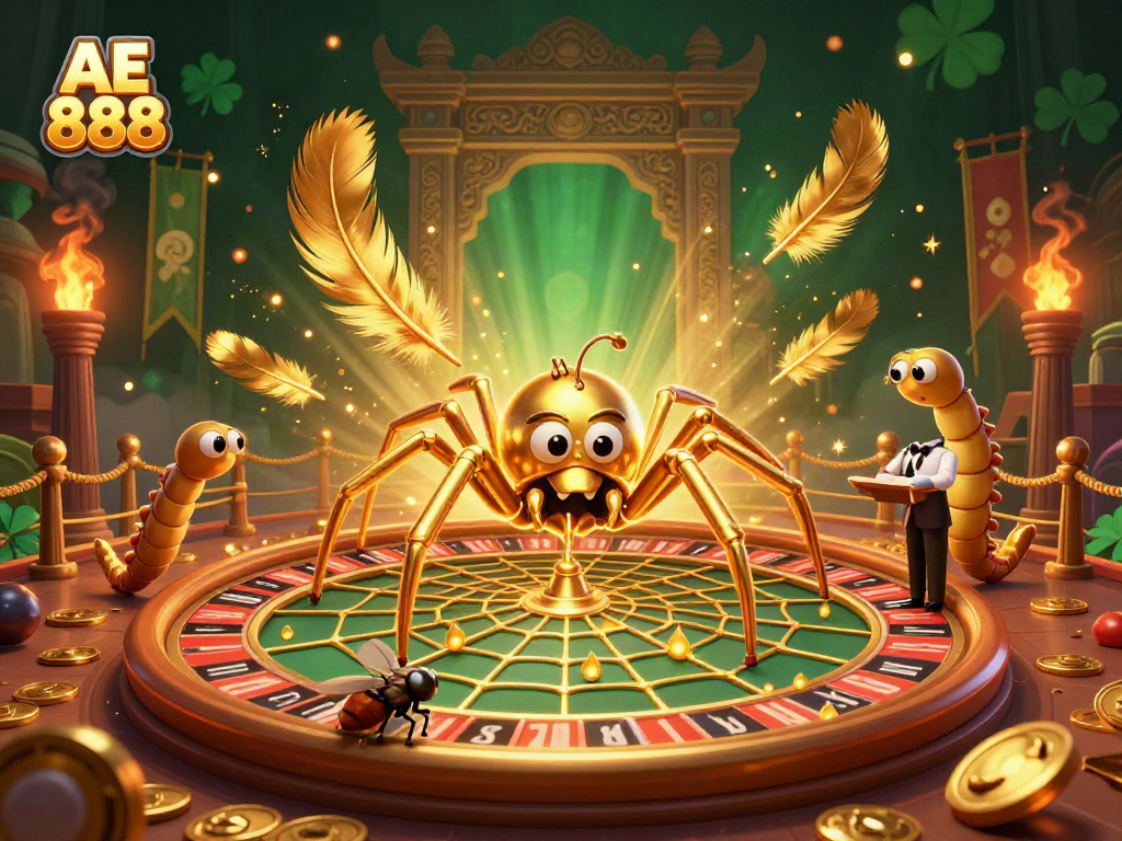 Witness the excitement of betting at AE 888 with a golden spider croupier spinning the roulette web.