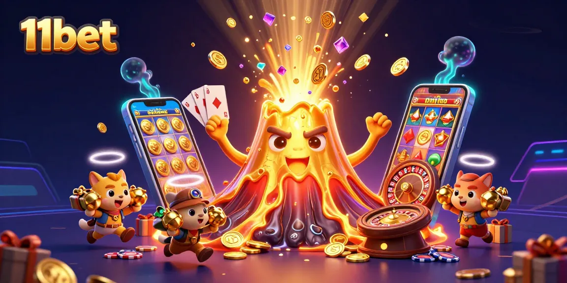 Engaging 3D scene representing 11bet featuring a golden volcano, treasure, and vibrant slot game action.