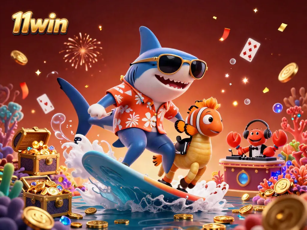 Experience the excitement of 11win's casino with vibrant 3D illustration capturing a shark, clownfish, and crab in an underwater gold coin scene.