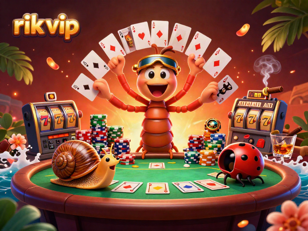 Experience the vibrant excitement of rik vip with a cartoon dealer and colorful poker scene.