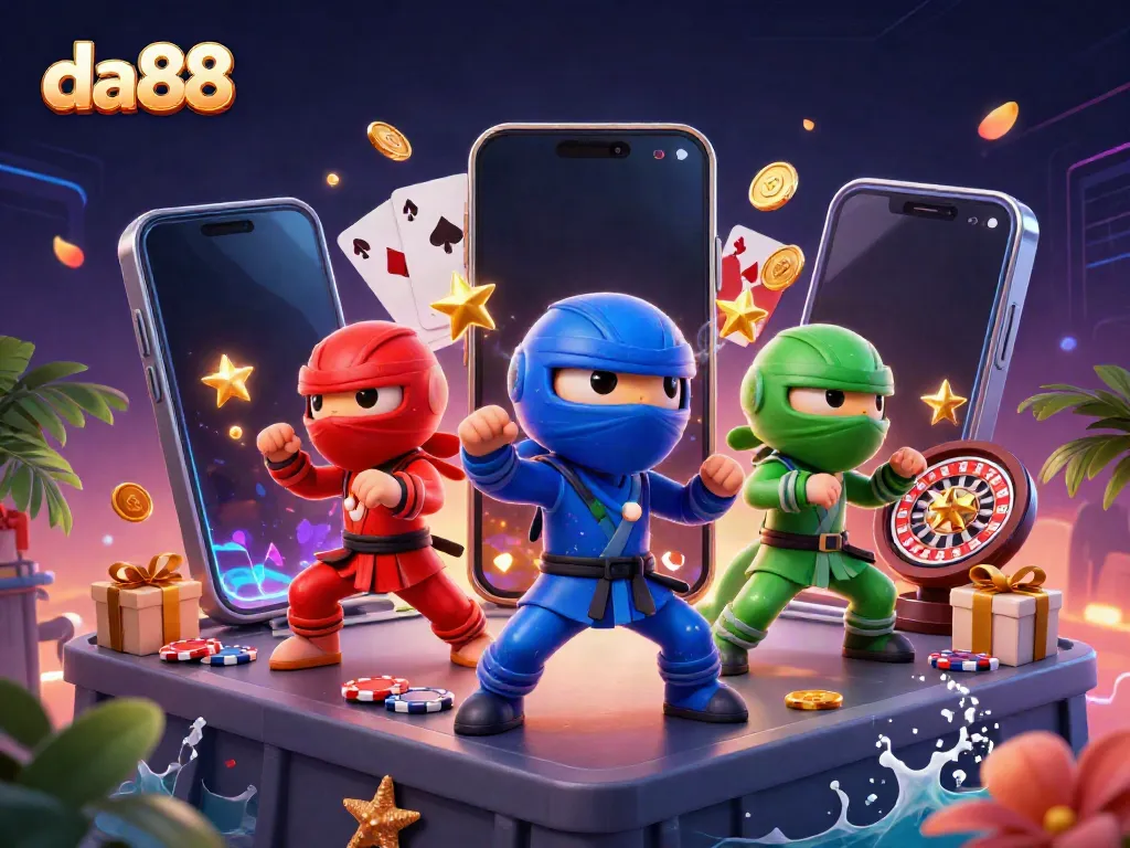 da88 features a dynamic trio of cartoon ninja chameleons showcasing synchronized poses with vibrant casino elements