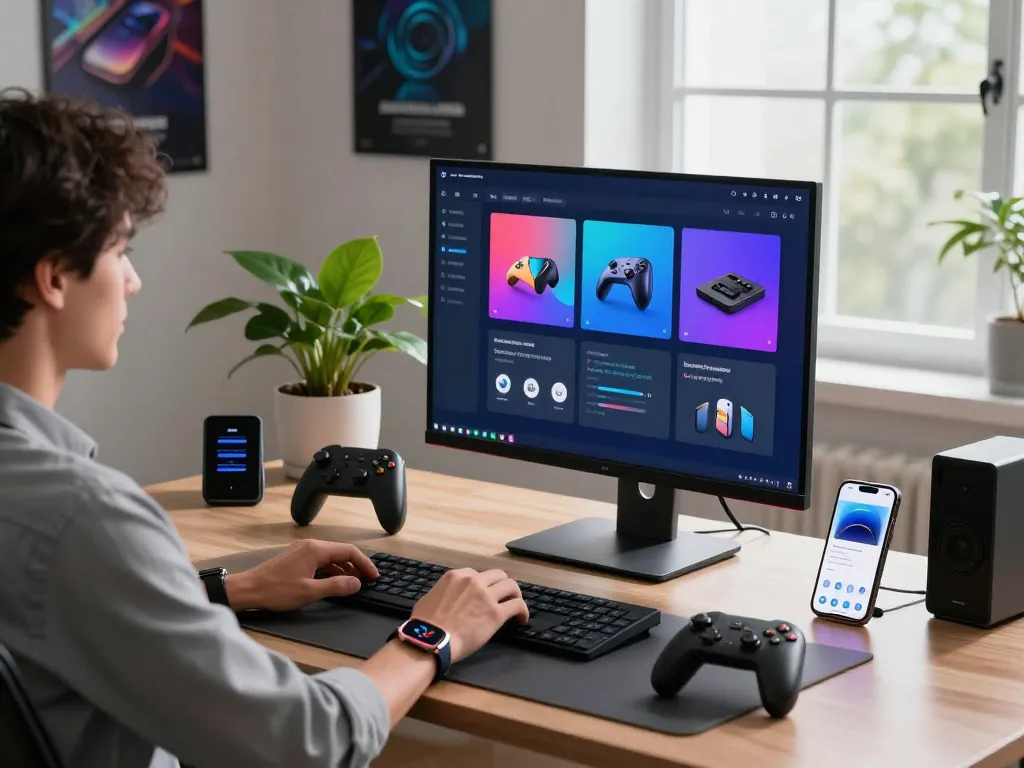 Explore the latest tech gadgets 2094 in a modern workspace filled with Bluetooth devices.