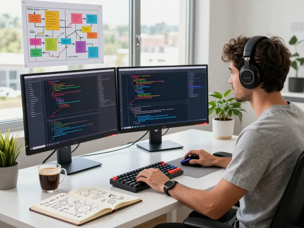 Dynamic workspace highlighting spicy AI development with vibrant coding environment and innovative elements.