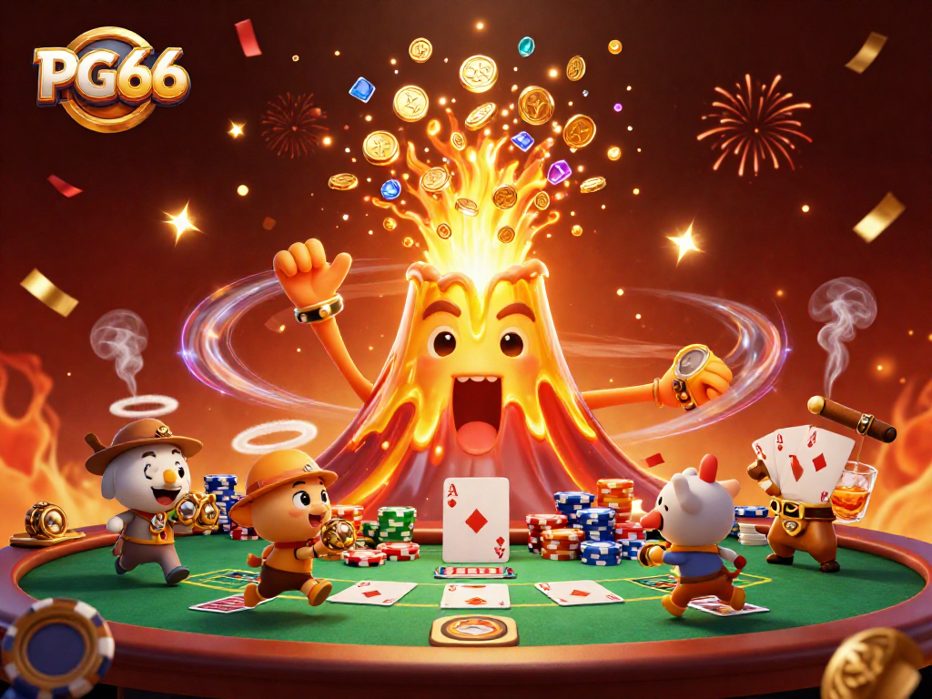 Join the excitement at PG66 as a golden volcano erupts with coins and treasures in a thrilling casino scene.
