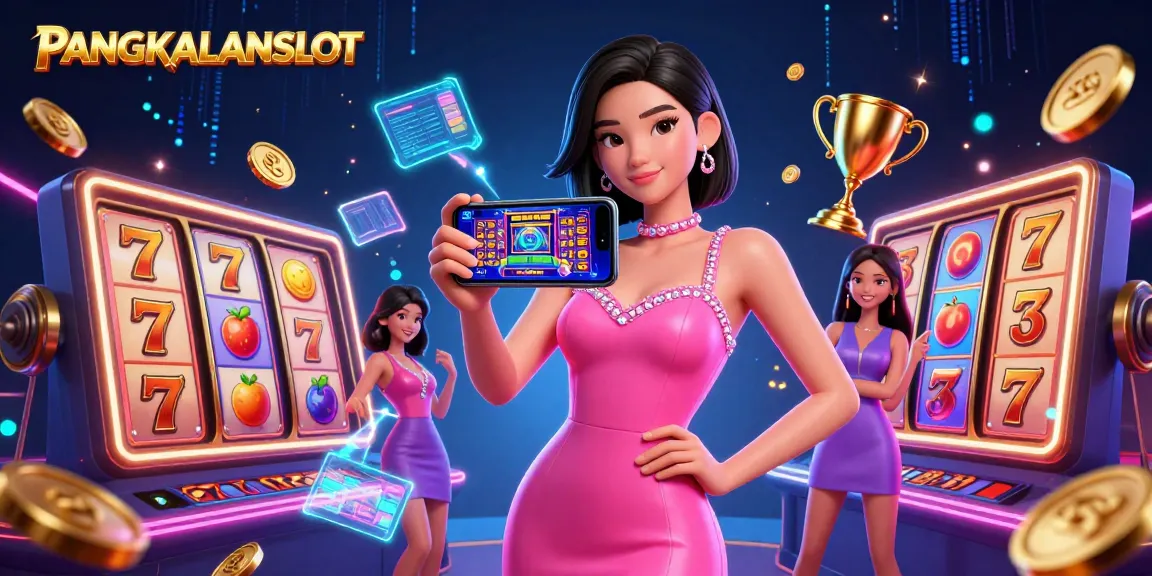 PANGKALANSLOT showcases an Asian woman in a vibrant cocktail dress enjoying a live slot game on her smartphone amidst glowing casino elements.