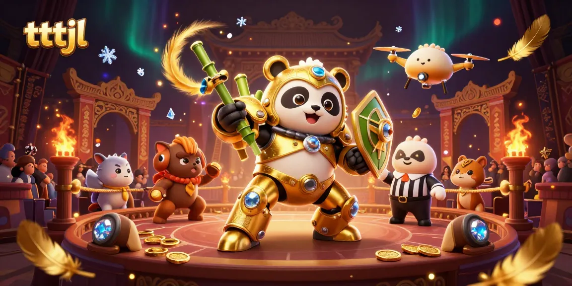 Engage with tttjl's thrilling casino scene featuring a golden panda robot amidst cheering spectators.