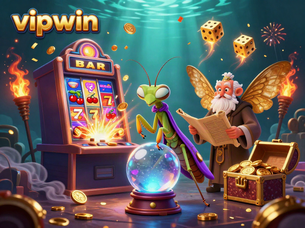 Experience the excitement of vipwin with enchanting characters amidst a casino jackpot explosion.