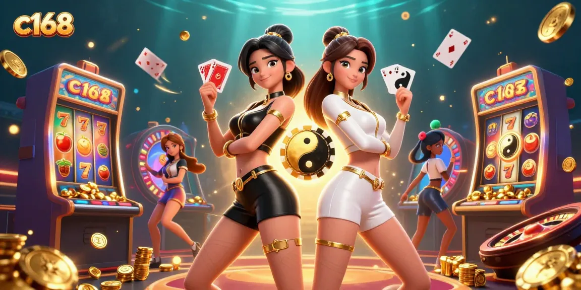 c168 showcases a dynamic casino atmosphere with twin Asian women and vibrant slot machines.