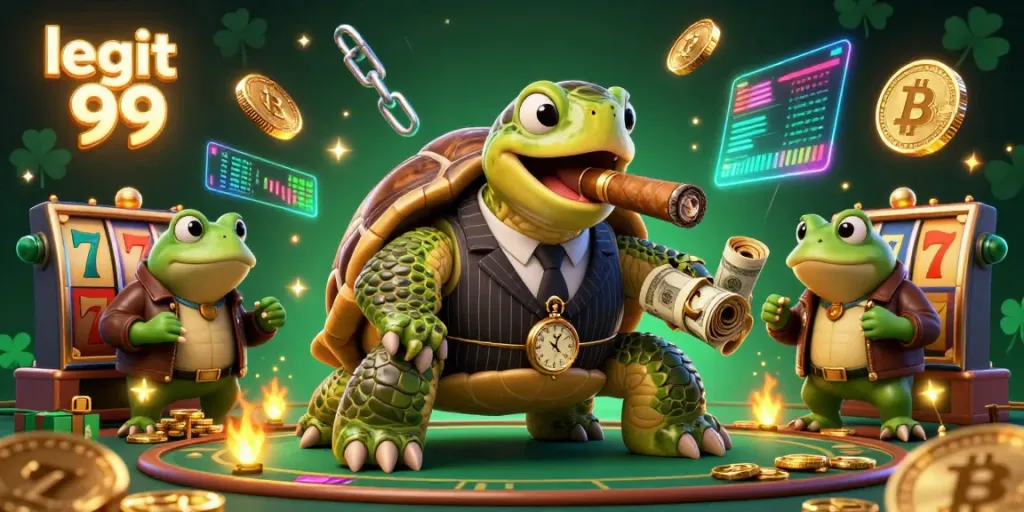 Experience thrilling gameplay with legit 99 as a snapping turtle mobster and bullfrog enforcers illuminate a vibrant casino floor.