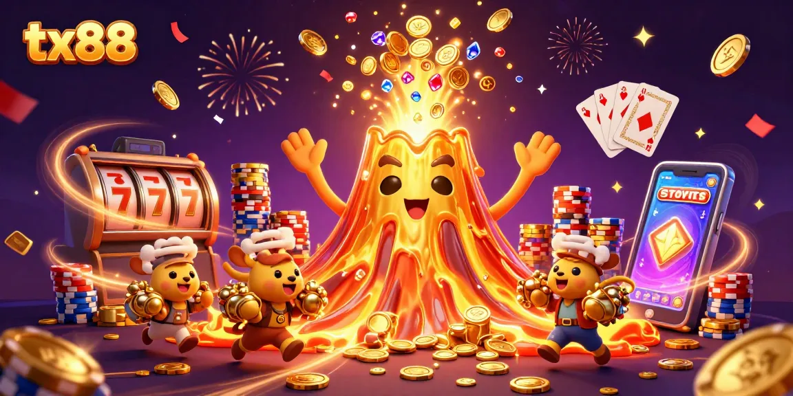 Win big with tx88: a vibrant scene of a golden volcano exploding with treasure amidst thrilling slot symbols.