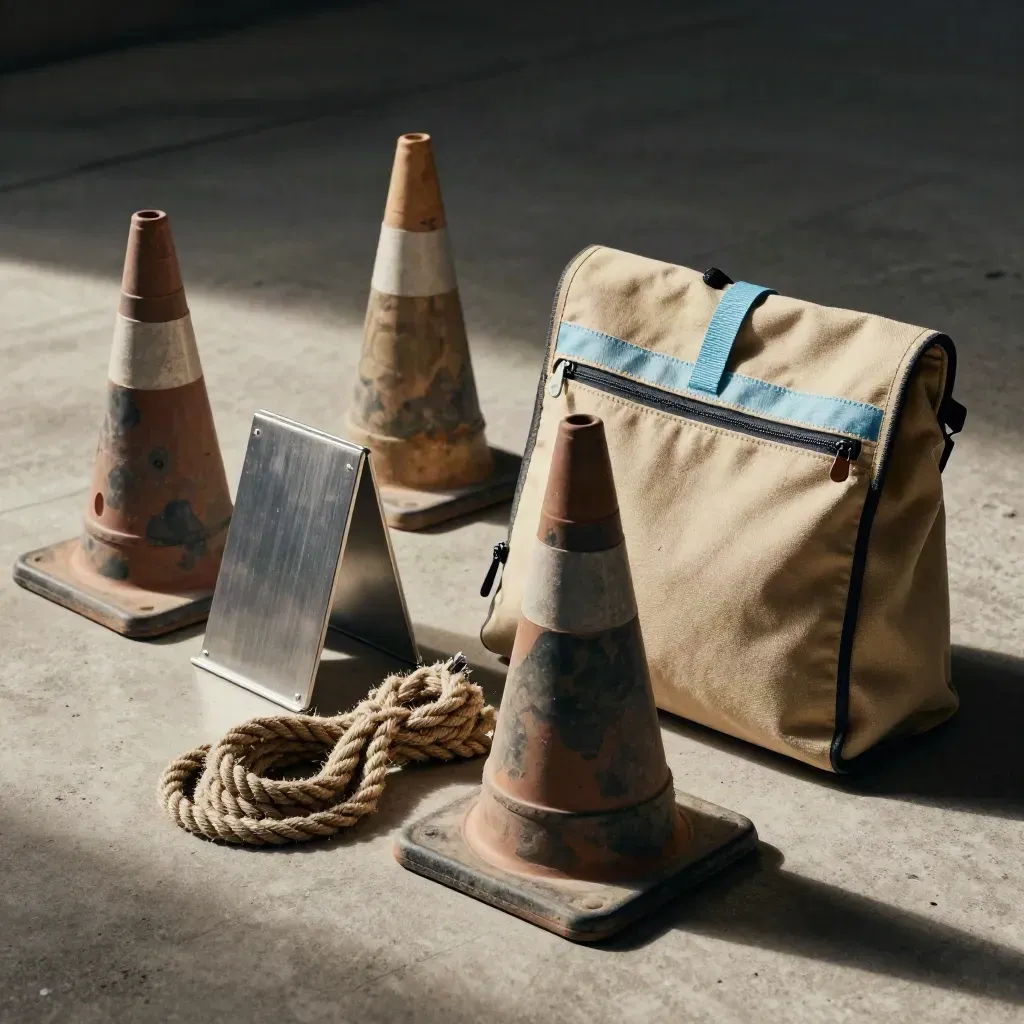 Sahada uygulama kiti; koniler, katlanır tabelalar, ipler ve kanvas çantalar düzenli dizilmiş.