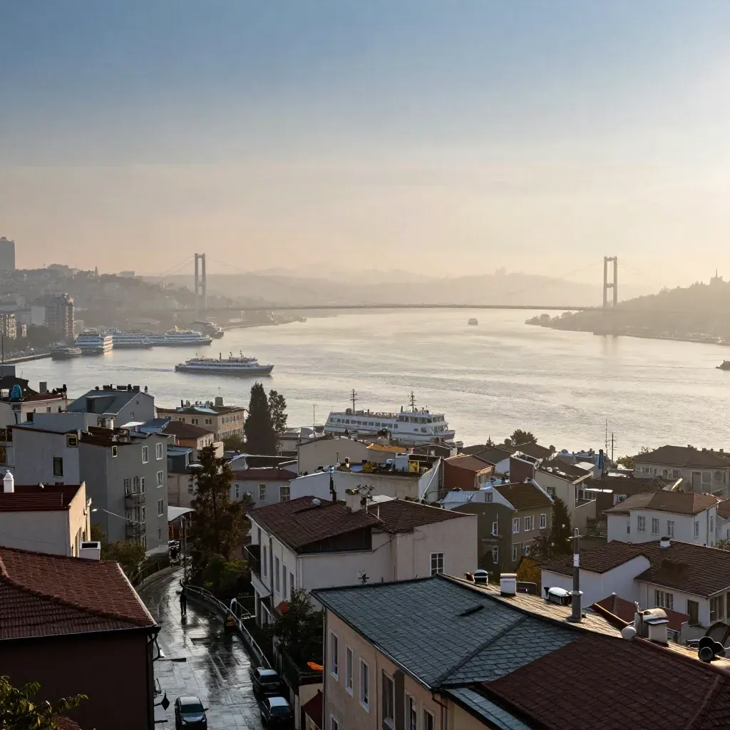 Sabah sisinde Boğaz ve İstanbul kıyıları, feribotlar ve köprüler uzakta.