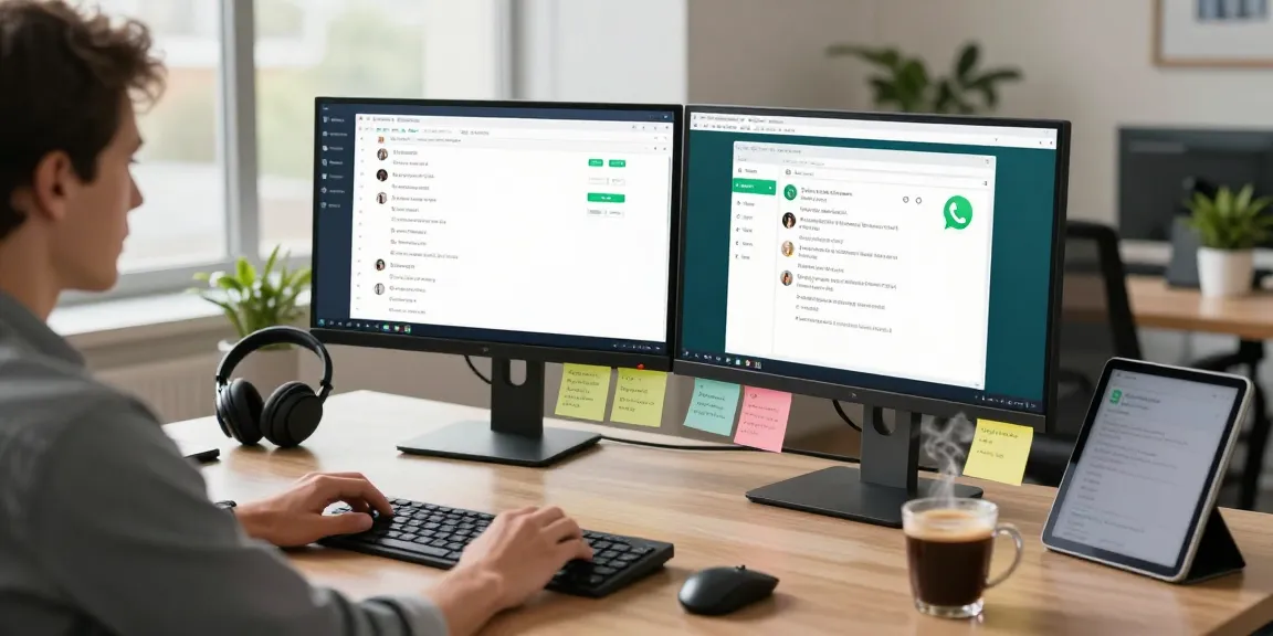 Using WhatsApp電腦版 on a modern desktop setup with dual monitors, showcasing productivity and communication tools.