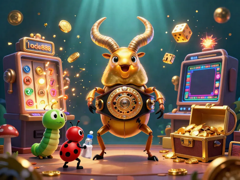 Engage with thrilling lode888 gaming action featuring a golden stag beetle champion, vibrant jackpots, and casino ambiance.