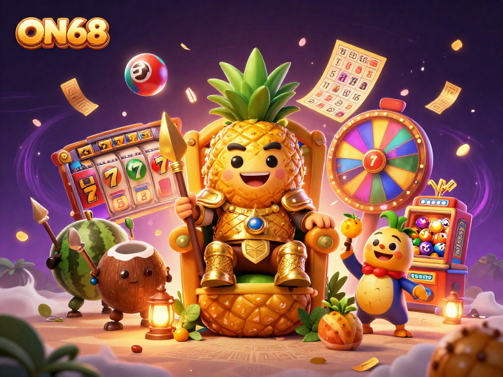 Experience thrilling gameplay at ON68 with vibrant slot machines and engaging casino characters.