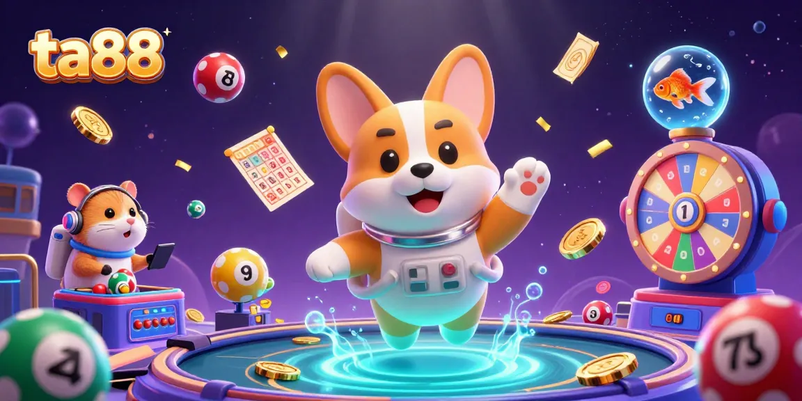 Engage with ta88 and win in an energetic space-themed casino with floating characters and vibrant games.
