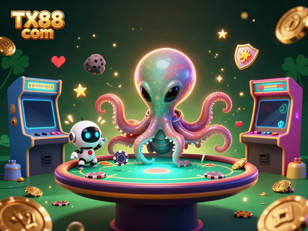 Engage in thrilling gaming adventures with TX88 com's vibrant alien-themed casino illustration.